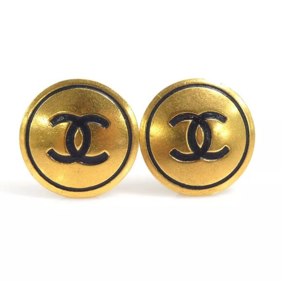 CHANEL Vintage CC Logo Clip on Earrings Gold/Black Metal/Enamel - Picture 1 of 7